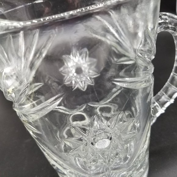 Vintage Clear Water Tea Drink Pitcher Floral Pressed Glass 8.50" Ribbed Handle - Picture 5 of 14